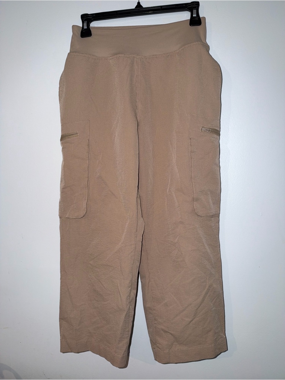 Beige Textured Cargo Pants Wide Leg Pull On Utility Travel